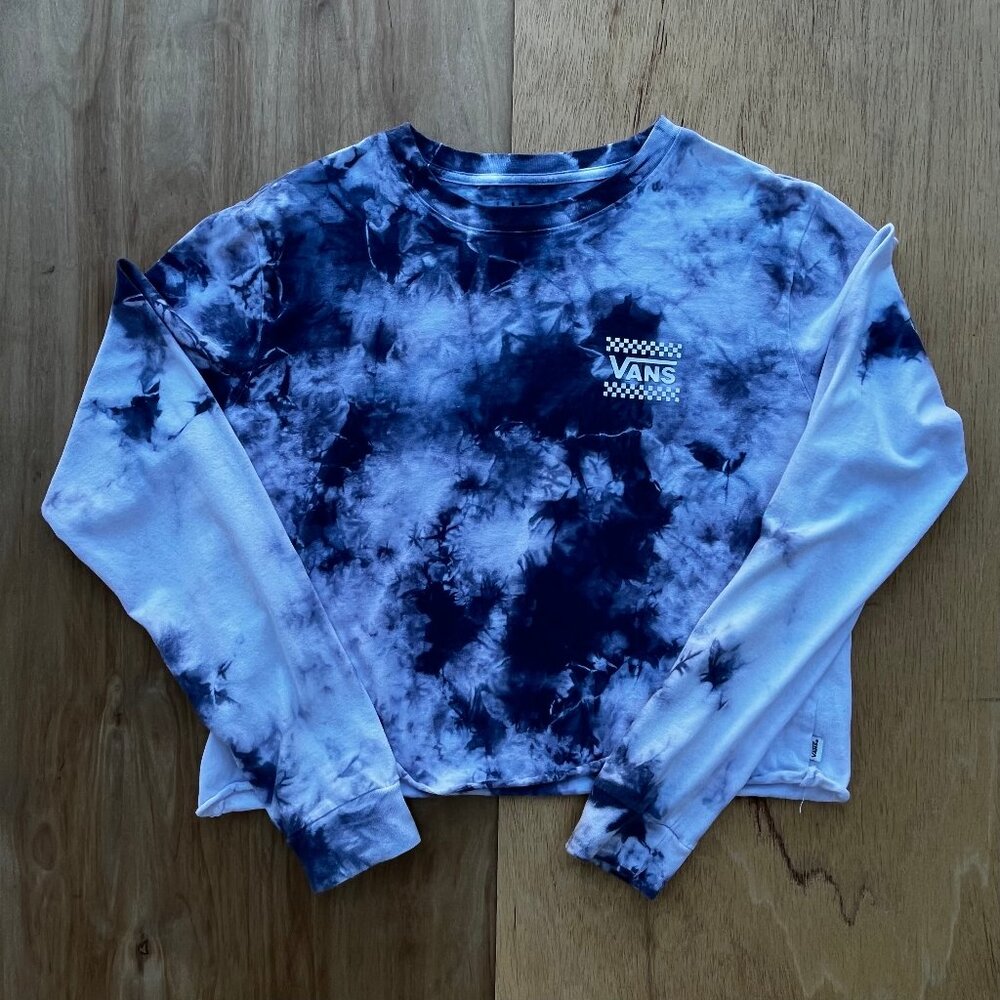 VANS TIE DYE CUT OFF Women’s Navy Blue White Crew Neck Frayed Hem Sweatshirt S